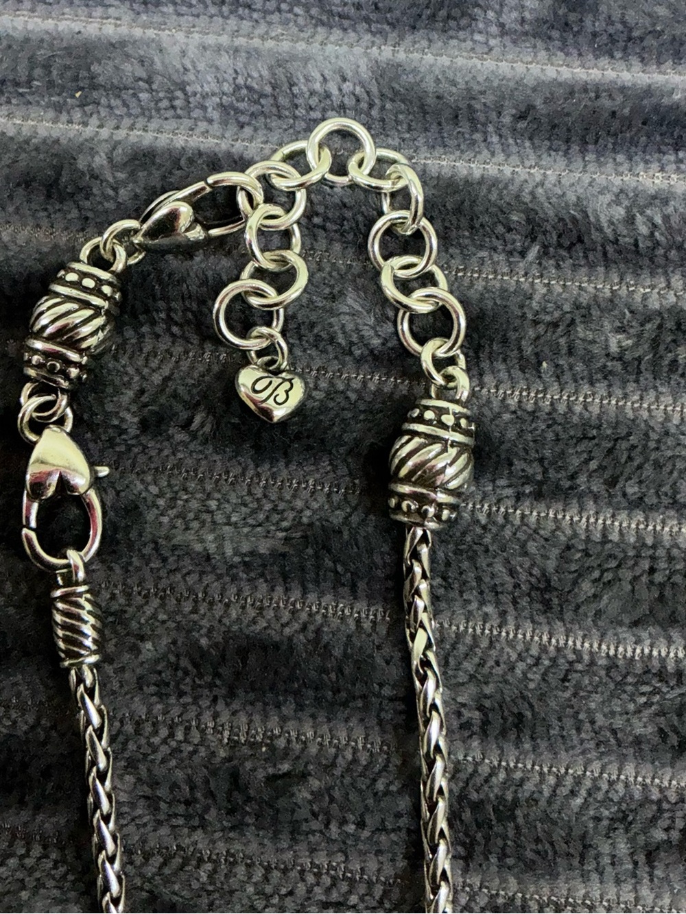 Brighton Silver Tone Barrel Slide ABC Charm Necklace WovenWheat Chain Logo Heart